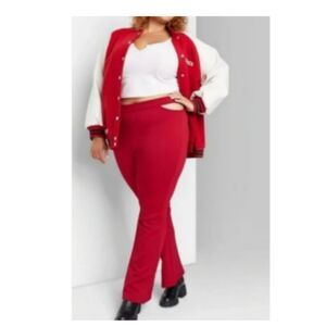 451 Women's Red Cutout Waist Flare Pants Women’s Stretch High Rise Split Hem